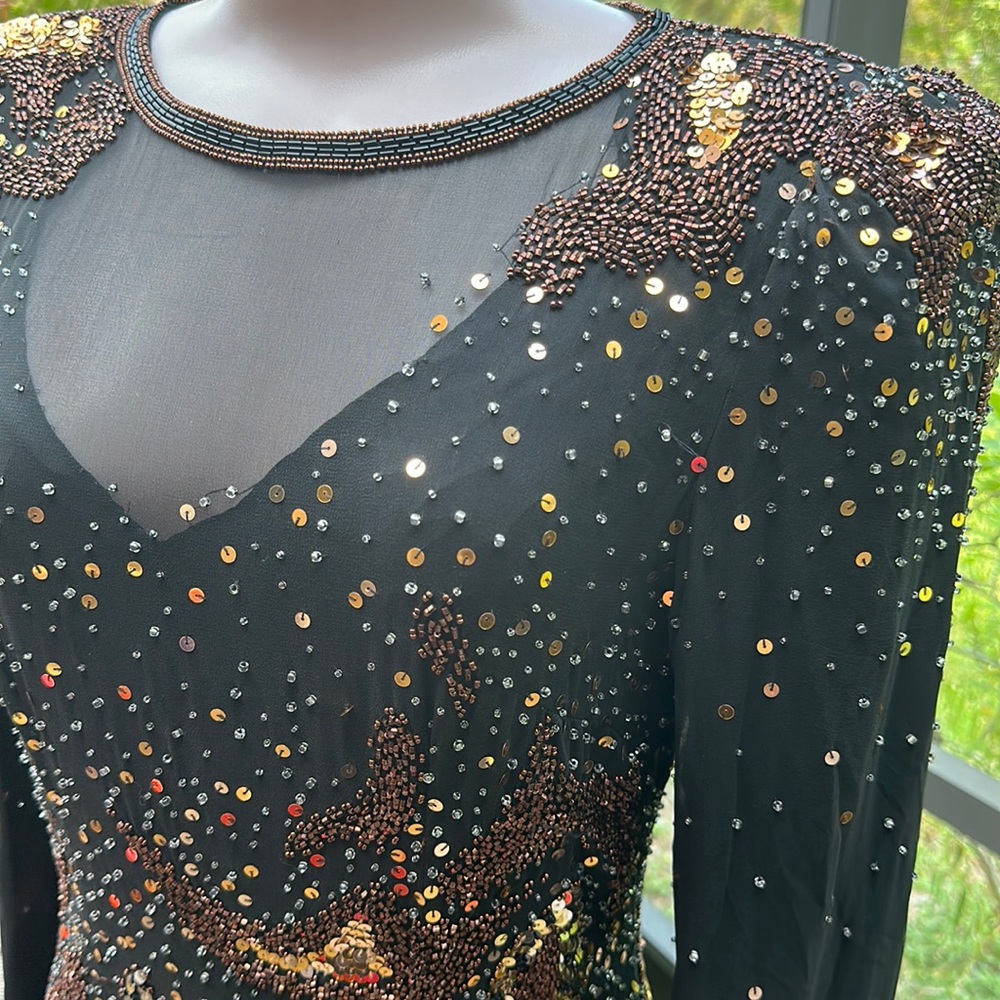 Vintage 80s A.J. Bari Size 6 Black Silk Sequin Beaded Illusion Dress - Picture 3 of 12